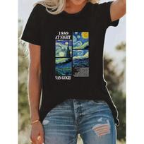 Van Gogh Painting Print T-shirt Spring and Summer Casual Round Neck Short-sleeved Top Women's Clothing S gray