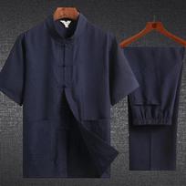 Kiniškas „Tang“ kostiumas trumpomis rankovėmis Vyriškas „Hanfu Kung Fu“ marškinėliai „Tai Chi“ vienspalviai medvilniniai lininiai drabužiai profesionalams Vasariniai baltiniai 160 tamsiai mėlyna spalva