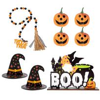 Halloween Pumpkin Witch Hat Wooden Bead Tiered Tray Set Wooden Ornaments For Holiday Atmosphere as shows