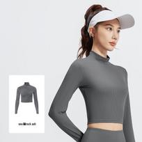 Juyitang Striped High Collar Slim Fit Long Sleeve Yoga Top S gray