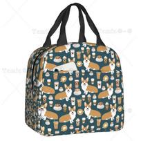 Coffee Welsh Corgi Dog Resuable Lunch Boxes Women Waterproof Cooler Thermal Food Insulated Lunch Bag Kids School Children 22x20x13CM smėlis