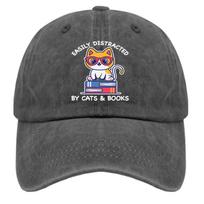 Easily Distracted by Cats and Books Baseball Cap Womens Summer Hat Pigment Black Mens Hats Gifts for Son Outdoor Adjustable balta