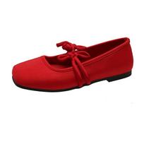 New Chinese-style red square-headed Mary Jane shoes for women's 2025 new shallow-mouth breathable one-pedal flat-soled Doudou shoes 35 raudona