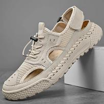 Sandals Men Tide 2024 Summer New Style Leather Toe Cap Outdoor Leisure Sports Hollow Sandals Beach Shoes Handmade Mesh Men Shoes 38 smėlis