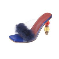 Moterų bateliai aukštu kulnu PVC Skaidrūs Plunksnų Akriliniai Krištoliniai Aukštakulniai Kailiniai Atviru pirštu Mules Šlepetės Moteriškos Šlepetės Shoesn87 35 mėlyna