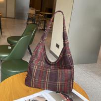 Versatile Crossbody Bag, Retro Woolen Checkered Tote Bag, School-style Large-capacity Bag raudona