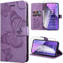 Coque pour Xiaomi Redmi Note 13 Pro+ 5G - Violet - Cuir PU - Motif Papillon - 2 Verres Trempés - Béquille