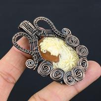 Victorian Lady Bone Face Cameo Copper Wire Wrap Pendant 2.76  r3T72