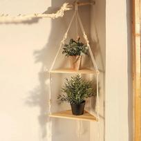 Kampinė lentyna Macrame Sieninė dekoracija Medinės plaukiojančios lentynos Rustic Boho Sieninė lentyna Laikiklis augalų vazonams Nuotraukų rėmeliams beige