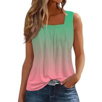 Women's Fashion Casual Pleated Square Collar Sleeveless Vest Print Summer T-shirt L žalia