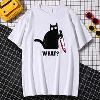 Cat What T Shirt Murderous Cat With Knife Funny Halloween Gift Cotton High Quality Men's Oversized Novelty T-Shirt Women Tee S balta