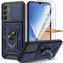 Case for Samsung Galaxy A34 5G + 2 Tempered Glasses, Navy Blue Shockproof Hard Case with Camera Protection mėlyna
