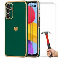 Case for Samsung Galaxy M13 - Night Green - Heart Pattern - Silicone TPU - 2 Tempered Glasses - Shock Protection žalia