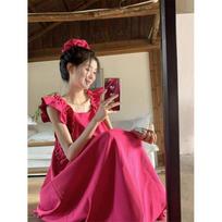 Women's Summer 2024 Rose Red Square Neck Slimming Backless Dress with Puff Sleeves Medium