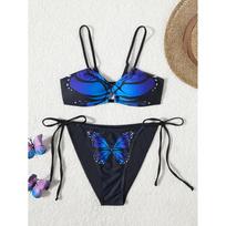 Halter String Bikinis Sexy Swimsuit Women Butterfly Printed Swimwear Female Bathers Bathing Swimming Swim Suit Beachwear S mėlyna