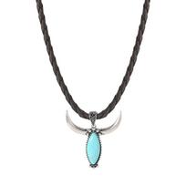 Stylish Turquoise Bullhead Leather Necklace Tribal Design Jewelry Gift For Special Occasions tamsiai ruda spalva