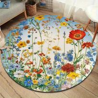 Round Area Rug Vibrant Wildflower Field Print Soft Flannel Carpet for Sunroom Conservatory FloorDecor Non SlipWashableDecoration Diameter 60cm