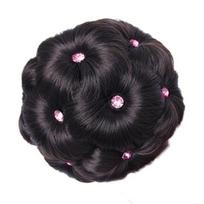 9 Flowers Faux Crystal Synthetic Bun Hair Extension Elastic Bridal Donut Chignon Black Brown hair & Pink Crystal black