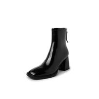 Krazing Pot Karvės odos Rudens Žiemos Batai Kvadratinė Nosies Stori Aukšti Kulniukai Užtrauktukas Biuro Lady Moteriški Ankle Boots 34 juoda