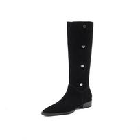 Krazing Pot Cow Suede Autumn Winter Shoes Square Toe Metal Rivets Big Size 42 Thick Med Heels Slip on Western Boots Women Long Boots 34 juoda