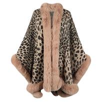 Autumn And Winter Fur Collar Cape Cardigan Leopard Print Shawl Sweater Female chaki