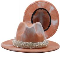 Simple Wool Jazz Fedora Hats Casual Men Women Leather Pearl ribbon Felt Hat white pink yellow Panama Trilby Formal Party Cap 56-58CM Adjustable