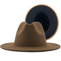 Unisex Outer gray Inner yellow Wool Felt Jazz Fedora Hats with Thin Belt Buckle Men Women Wide Brim Panama Trilby Cap 56-58CM 56-58CM