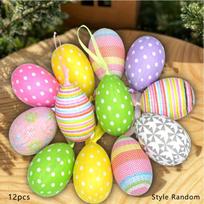 12 vnt./rinkinys Velykiniai kiaušiniai su zuikučiais ir viščiukais, Velykiniai pakabukai, Spalvingos tapytos popierinės kiaušinių pakabinamos dekoracijos (atsitiktiniai stiliai) B blue
