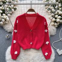 Solid Retro French Knitted Cardigan Women Korean Fashion Sweater Coat Female Knitted Korean Fashion Ruched Chic Cardigan 2024 One Size raudona