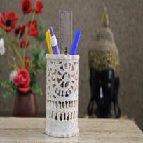 10,16 cm muilo akmens rankų darbo gėlių raižybos apvalios formos rašiklio stovas biurui black