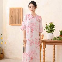 Johnature Women Vintage Print Floral Dress V-Neck Half Sleeve Button Summer Chinese Style A-Line Women Dresses XXL geltona