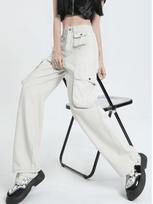 Plus size American vintage Multi-pockets Cargo Jeans Women Fat mm Autumn High Waist Straight Loose Wide Leg Pants Fashion S antikinės baltos spalvos