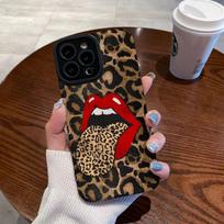 Karštas Raudonas Lūpas Leopardo Rašto Telefono Dėklas iPhone 11 12 13 14 15 Pro Max Mini 7 8 Plus X XS XR SE Moteriškas Didelis Liežuvis Silikoninis Dėklas For iPhone 13 Mini black