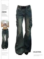 Cargo Pants Moteriškos korėjietiškos mados, didelės kišeninės moteriškos šviesios spalvos drabužiai, 2024 m. vasara, nauji kasdieniai šluostyti džinsiniai laisvi džinsai S mėlyna