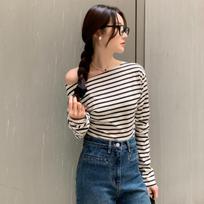Women's South Korean Chic Stripe Fit Off-the-Shoulder Long Sleeves Shirt Slim Slimming Inner Wear Bottoming Shirt Retro Lady One size juoda