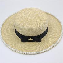 Summer Handmade Straw Pearl Brim Bee Bowknot Cord Lady Leisure Fedoras Cap Women Panama Jazz Hat head size 57cm