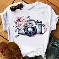 Vintage Camera With Flowers Print T Shirt Women Lovely Tees Shirt Femme Summer Tops Female Casual T Shirt Girls Clothes S