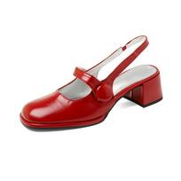 Literary Hong Kong Style Easy To Wear and Versatile Spring and Summer Thick Medium Heel Round Toe Cowhide Baotou Sandals for Women 34 raudona
