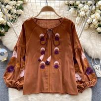 Blouse Vintage Ethnic Style Long Sleeve Shirt Women Embroidered Loose Elegant Thin Top Party Female Aesthetic Fashion Design Pullover Streetwear One Size kava