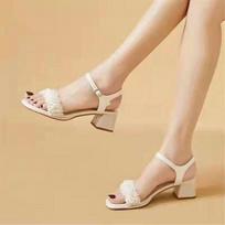 Summer Black Thick Heel Pearl Women Sandals Fashion Open Toe High Heels Simple Temperament Work Ladies Shoes Leather Flat Shoes 38 juoda