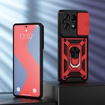 KEYSION Smūgiams atsparus šarvų dėklas, skirtas Motorola Edge 50 Pro 5G Slide Camera Apsauginis žiedinis stovas telefono dangtelis, skirtas MOTO Edge 50 Pro 5G for Edge 50 Pro 5G raudona