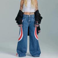 American Vintage High Waist Jeans Y2K Loose Patchwork Denim Pants Wide-leg Trousers Streetwear S black