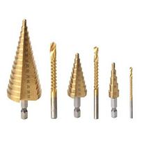 6 Pcs Titanium Coated Drill Bit Set, Including 3 Sizes of Step Drill Bits and 3 Sizes of Twist Drill Bits for Metalworking, Woodworking, Hole Drilling