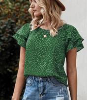 Fashion Casual T-shirt Women Vintage Thin Streetwear Digital Printing Dots Red Lotus Leaf Patchwork Tops Female Design Casual Slim Clothing S žalia