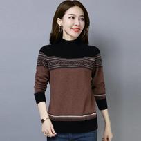 Vintage Printed Sweater Women High Neck Sweater National Style Clothes Knitted Bottoming Shirt Loose Short Sweater Top L blue