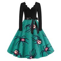 Halloween Print Flare Dress For Women Long Sleeve Dress Casual Dresses XXL žalia