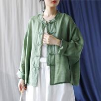 Johnature Women Vintage Shirts Tops Button Stand Long Sleeve Blouses Summer Chinese Style Women Shirts One Size žalia