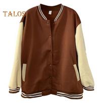 Moterų beisbolo palto spalva, atitinkanti elastingą rankogalių apykaklę unisex laisvi viršutiniai drabužiai, vienaeiliai retro amerikietiško stiliaus gatvės apranga, poros striukė XXL kava