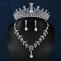 1pc Bride Rhinestone Crown Tiara New Veil Crown Necklace Set of Three Girls Performance Birthday Gift Hair Accessories balta