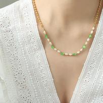 Thai Trendy Green Opal With Freshwater Pearl Titanium Steel Beaded Necklace Girls' Fashion Versatile Accessories